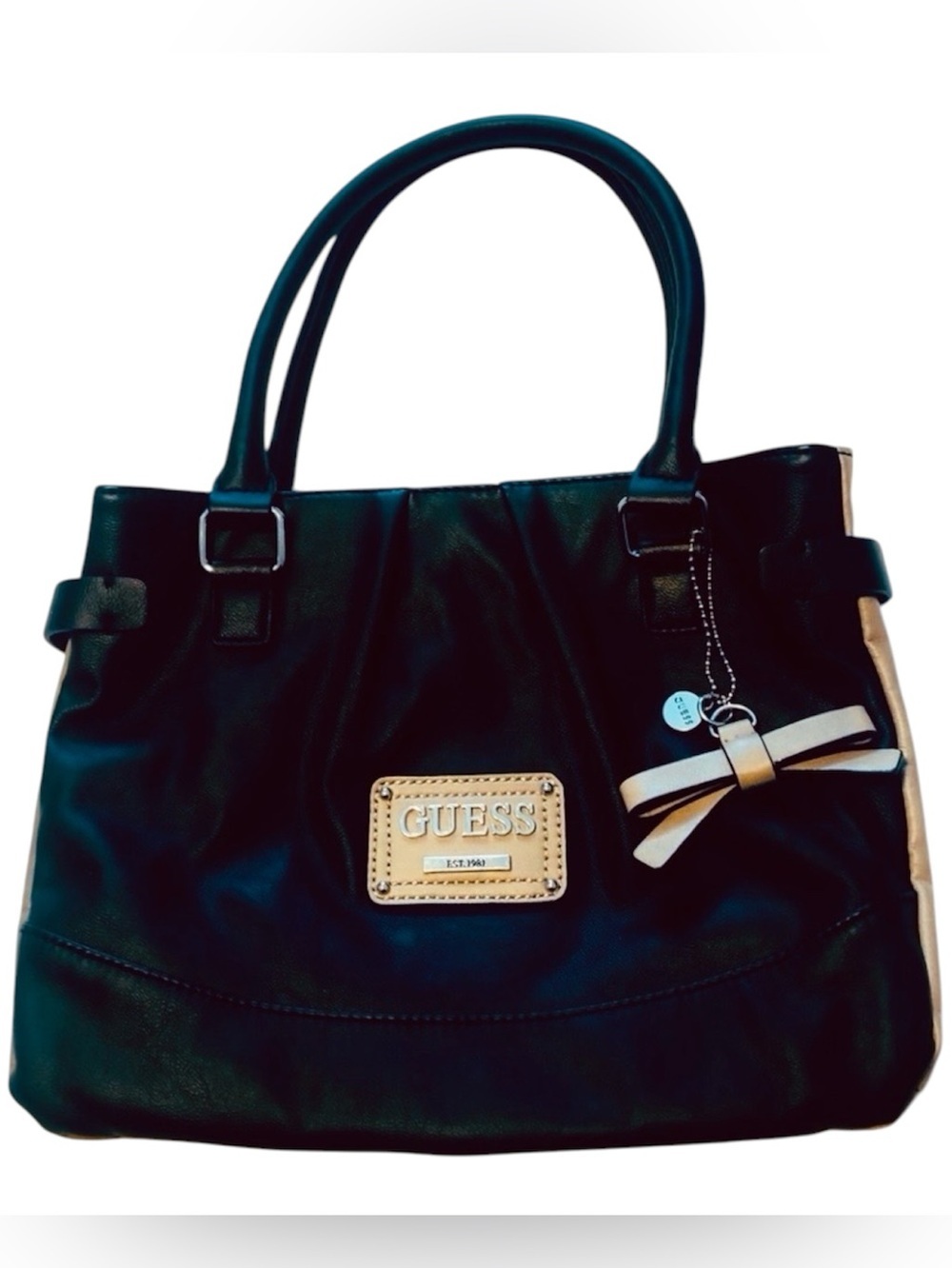 Guess Black and Tan Satchel , DividedOrganizer, Logo Tag Bow purse charm